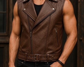 Handmade Brown Cowhide Leather Biker Vest for Men | Custom Personalized Motorcycle Waistcoat | Full Customization & Personalisation
