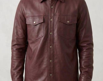 Handmade Burgundy Leather Overshirt, Customization & Personalisation, Mens Genuine Lambskin Shacket, Gift For Him