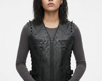 Handmade Cowhide Leather Vest | Spiked Gothic Punk Biker Waistcoat for Men Women