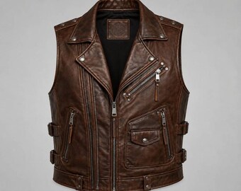 Handmade Cowhide Leather Vest Men Custom Brown Personalized Biker Waistcoat