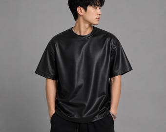 Handmade Black Faux Leather Oversized T-Shirt | Streetwear Crew Neck Top
