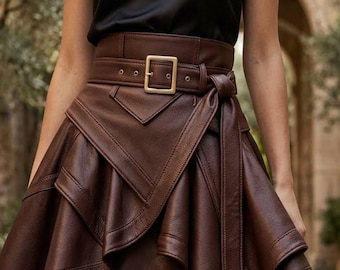 Brown Leather Handkerchief Skirt, Asymmetrical Cowhide, Gothic Boho, Festival, Handmade Leather Skirts