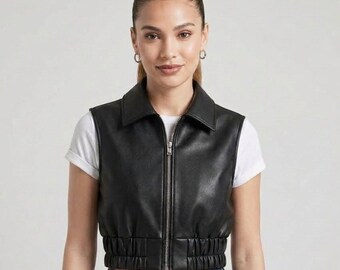 Handmade Genuine Leather Cropped Vest, Women's Black Zip-Up Waistcoat, Slim Fit Outerwear