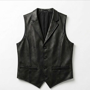 Handmade Black Cowhide Leather Vest, Customization & Personalisation, Men’s Lapel Waistcoat, Vintage Biker Style Outerwear