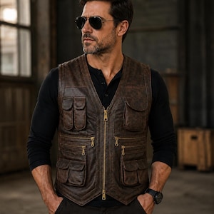 Handmade Brown Cowhide Leather Utility Vest for Men | Vintage Multi Pocket Zip Biker Waistcoat | Custom Personalized Leather Vest
