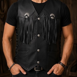 Men's Black Leather Fringe Vest, Genuine Cowhide Biker Waistcoat, Cowboy Side Lace Tassel Style Customization & Personalisation