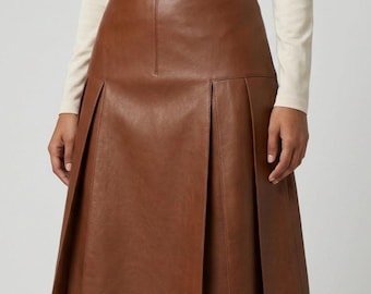 Handmade Brown Leather Skirt Pleated Midi Skirt with Belt Custom Size Customization Personalisation High Waisted Genuine Leather Skirt
