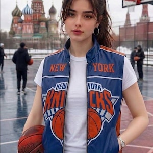 Hand Crafted NYK New York Leather Varsity Bomber vest Men Women, Blue Orange Basketball Streetwear Custom Retro Fan Gift