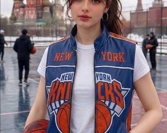 Hand Crafted NYK New York Leather Varsity Bomber vest Men Women, Blue Orange Basketball Streetwear Custom Retro Fan Gift