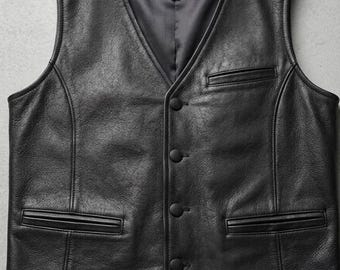 Handmade Black Leather Vest for Men, Customizable Personalized Biker Waistcoat, Classic Button-Up Motorcycle Vest Gift
