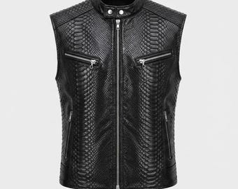 Handmade Black Python Leather Vest, Custom Fit Exotic Biker Waistcoat, Personalized Python Skin Jacket Gilet Gift
