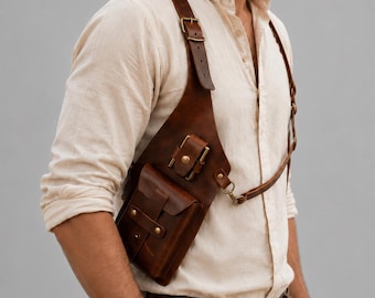 Handmade Leather Holster Bag, Men Chest Rig Wallet Pouch, Custom Festival Body Harness, Personalisation Gift