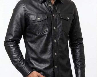 Handmade Men's Black Genuine Leather Western Shirt – Slim Fit Button-Down, Tailored Gift
