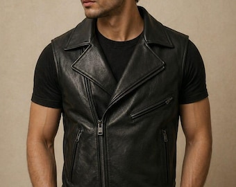 Chaleco de motociclista de cuero negro para hombre, talla grande, hecho a mano, de piel de vaca auténtica, estilo punk rock, sin mangas, chaqueta, chaleco de motociclista personalizado.