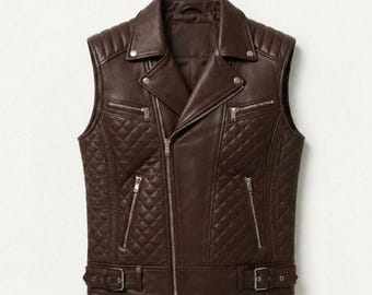 Handmade Men Cowhide Leather Biker Vest, Customization & Personalisation Brown Waistcoat, Custom Fit Quilted Leather Jacket Vest