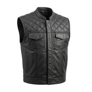 Men's Quilted Black Cowhide Leather Biker Vest – Genuine leather Motorcycle Club Waistcoat image 3