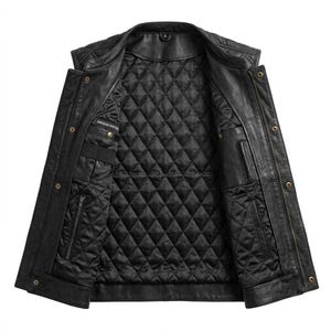 May include: A black sleeveless leather vest featuring a quilted interior lining with a diamond pattern. The vest includes a front zipper closure, metallic snap buttons, and multiple interior pockets on both sides, with a size L tag at the neck.