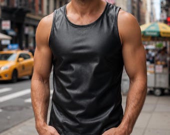 Men's Summer Black cowhide Leather Tank Top - Sleek Sleeveless genuine Leather shirt for Streetwear Style