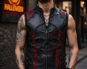 Halloween Leather Skull Vest for Men, Gothic Biker Punk Motorcycle Cowhide Waistcoat, Handmade Black Red Vest, Halloween Costume Vests