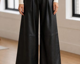 Handmade Black Leather Wide Leg Pants for Women, High Waist Palazzo Trousers, Customization & Personalisation Available