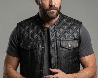 Men's Quilted Black Cowhide Leather Biker Vest – Genuine leather Motorcycle Club Waistcoat