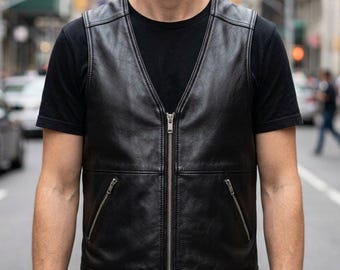 Handmade Cowhide Leather Vest | Motorcycle Biker Gilet, Black Waistcoat Jacket
