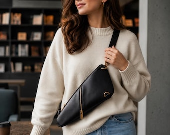 Black Leather Crossbody Sling Bag | Personalized Chest Bag, Unisex Carry