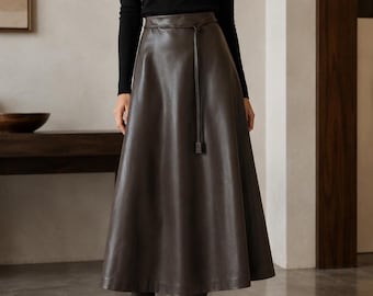 Elegant Handmade Brown Leather Midi Skirt for Women | Custom Personalized A-Line Skirt | High Waist | Customization & Personalisation