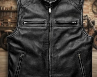 Men’s Black handmade Leather Vest, Genuine Motorcycle Waistcoat, fit adjustment and personalized logo
