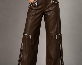 Handmade Brown Cowhide Leather Wide Leg Pants for Women, High Waist Zip Detail Trousers, Customization & Personalisation Available