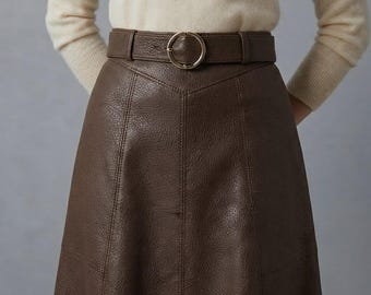 Handmade Genuine Leather Midi Skirt | High Waist A-Line Espresso Brown Fashionwear