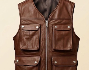 Handmade Personalized Men’s Black & brown Leather Utility Vest - Custom Leather Tactical Biker Waistcoat -Personalization Gift