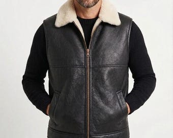 Handmade Black Shearling Leather Vest, Personalized Men's Aviator Waistcoat, Customizable Winter Biker Gilet