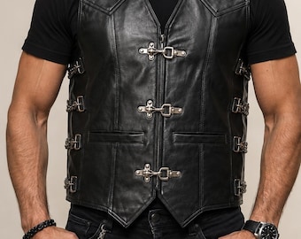 Handmade Black Cowhide Leather Biker Vest for Men | Gothic Buckle Waistcoat | Custom Personalized Motorcycle Vest | Customization