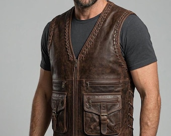 Handmade Brown Leather Utility Vest for Men | Custom Motorcycle Biker Waistcoat | Personalized Genuine Leather Vest | Customization