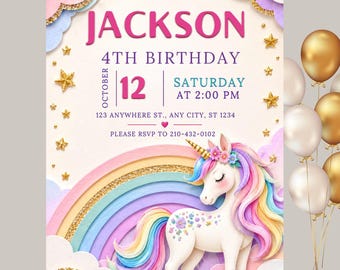 Unicorn Birthday Invitation Editable Template Rainbow Girls Party Invite Canva Digital Download