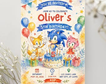 May include: A watercolor-style birthday invitation featuring Sonic the Hedgehog and friends. The invitation reads "You're Invited!" and "Oliver's 5th Birthday!" with details for the party. Balloons, gifts, and a cake with candles are also shown.