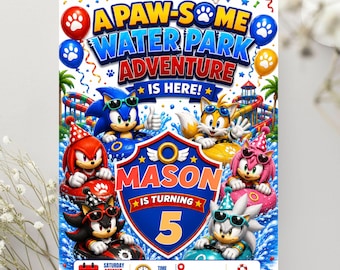 May include: A rectangular party invitation featuring Sonic the Hedgehog characters in water tubes. The text reads A PAW-SOME WATER PARK ADVENTURE IS HERE! MASON IS TURNING 5. Includes a calendar icon for October 23, a clock, and a location placeholder.