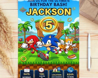 May include: A colorful birthday party invitation featuring the text "JOIN US FOR THE ULTIMATE BIRTHDAY BASH! JACKSON 5". The invitation has a blue sky background with cartoon characters and event details.