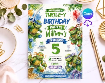 May include: A rectangular birthday party invitation featuring four watercolor-style green turtles with colored masks, holding weapons. Text reads: JOIN US FOR A TURTLE-Y BIRTHDAY PARTY! William's IS TURNING 5, SUNDAY 25 DECEMBER 2024, AT 8:00 PM.