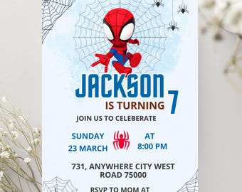 May include: A birthday invitation card featuring a cartoon superhero character in a red and blue suit centered above a spider web. The text reads: JACKSON IS TURNING 7, JOIN US TO CELEBRATE, SUNDAY 23 MARCH AT 8:00 PM, 731, ANYWHERE CITY WEST ROAD 75000, RSVP TO MOM AT 521-830-539.