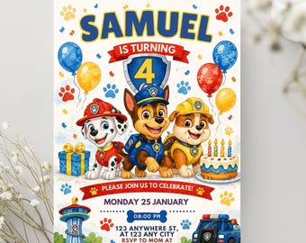 May include: A colorful birthday invitation featuring cartoon characters from Paw Patrol. The invitation includes the name "SAMUEL", the number "4", and the text "PLEASE JOIN US TO CELEBRATE!" with event details.