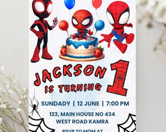 May include: A birthday invitation card featuring Spider-Man characters, a cake, and balloons. Text reads: JACKSON IS TURNING 1, SUNDADY | 12 JUNE | 7:00 PM, 123, MAIN HOUSE NO 434 WEST ROAD KAMRA, RSVP TO MOM AT +23-888-444-001. Includes spider web graphics.