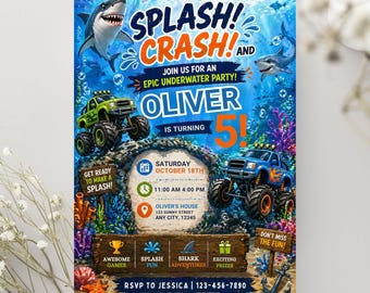 May include: An invitation for Oliver's 5th birthday party with a shark and monster truck theme. The design features the text "Splash! Crash!" and "Epic Underwater Party!" with event details, including the date, time, and location.