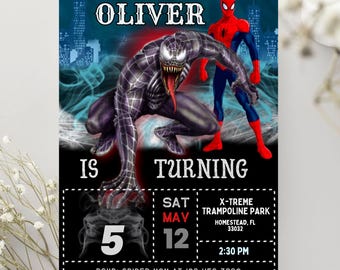 May include: A rectangular birthday party invitation featuring a black and blue background with Spider-Man and Venom. Text includes OLIVER IS TURNING 5, SAT MAY 12, X-TREME TRAMPOLINE PARK, HOMESTEAD, FL 33032, 2:30 PM, RSVP: SPIDER MOM AT 123-456-7890.