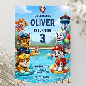 May include: A Paw Patrol themed birthday invitation featuring characters Skye, Chase, Rubble, Everest, and Marshall around a swimming pool. Text reads: YOU'RE INVITED! OLIVER IS TURNING 3, SEPTEMBER 09 SUNDAY 3:00-5:00 PM, RSVP TO MOM AT +123 456 789.
