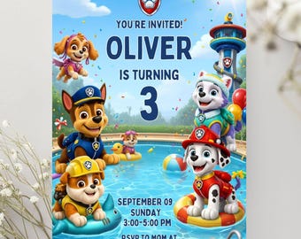 May include: A Paw Patrol themed birthday invitation featuring characters Skye, Chase, Rubble, Everest, and Marshall around a swimming pool. Text reads: YOU'RE INVITED! OLIVER IS TURNING 3, SEPTEMBER 09 SUNDAY 3:00-5:00 PM, RSVP TO MOM AT +123 456 789.