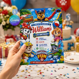 May include: A Paw Patrol themed birthday invitation card featuring Chase, Marshall, Skye, and Rocky characters. The text reads: Join us to celebrate William's 5th birthday, Sunday 25 December, 8:00 PM, 123 Any Where, Any City 123 ST, RSVP at 123-456-789.