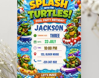 May include: A digital birthday invitation card titled Splash with the Turtles featuring three green turtles in colorful inflatable pool rings. The text includes the name Jackson, age three, date 23 July, time 10:00 PM, address 123, Oliver House, and phone number +231-347-932.