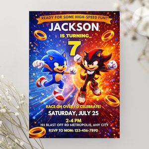 May include: A vibrant birthday invitation featuring Sonic the Hedgehog and Shadow the Hedgehog. The invitation includes the name "Jackson" and the number "7", with the text "Race on over to celebrate!" and event details.